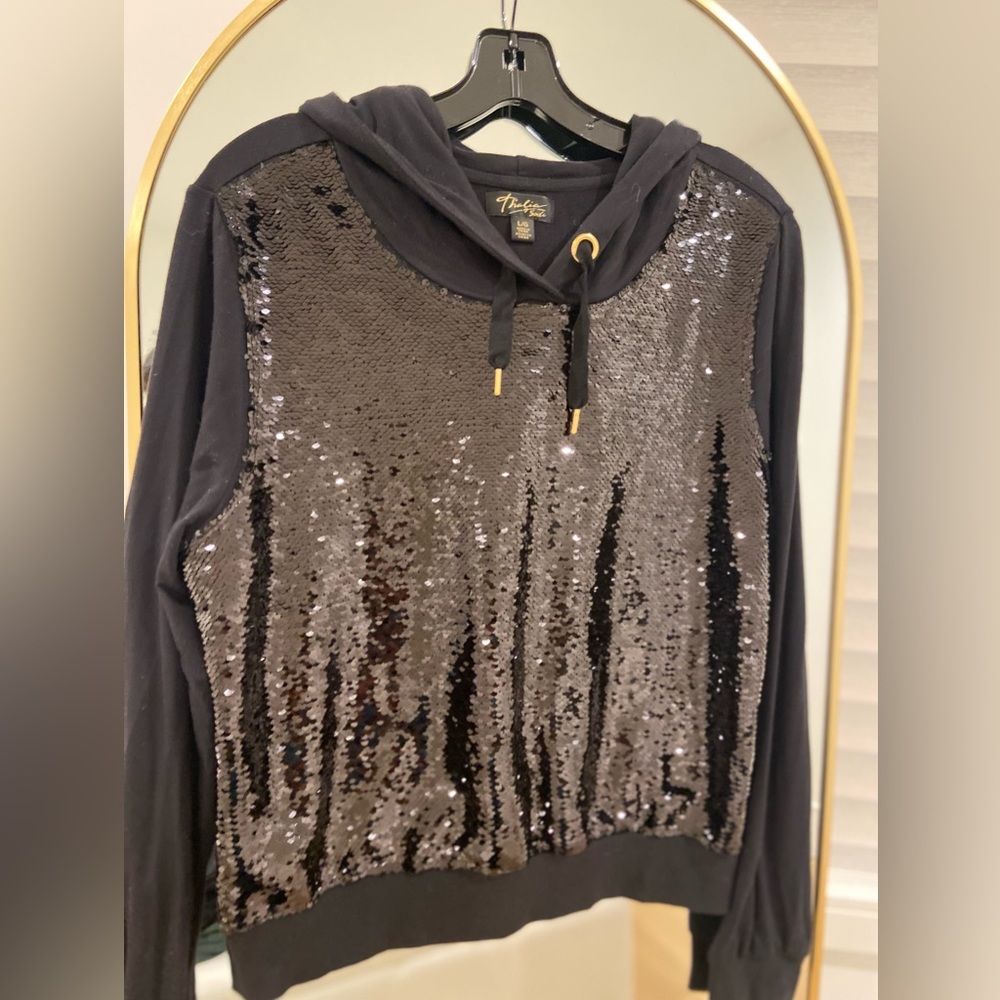 Black sequined jersey hoodie, size large